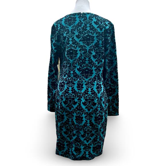 CeCe by CYNTHIA STEFFE Women 12 Green Teal Black Velvet Damask Knee Sheath Dress - Picture 3 of 6